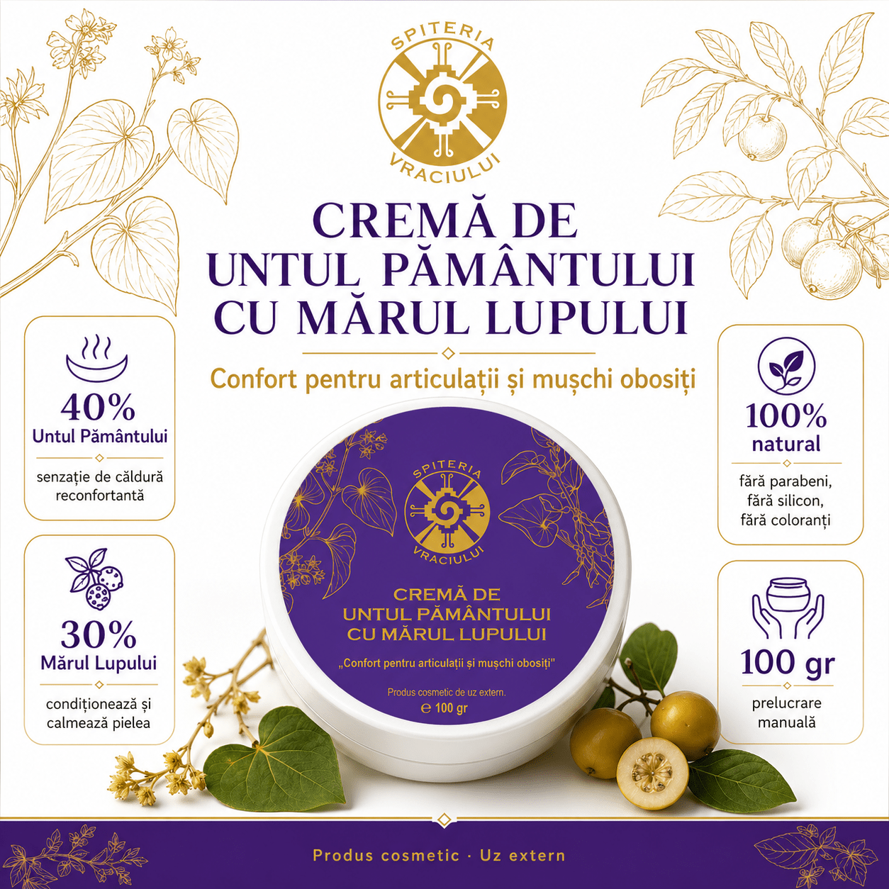 Leac Bătrânesc pentru Regenerarea Pielii – Cremă Untul Pământului și Mărul Lupului | 100g - Spiteria Vraciului