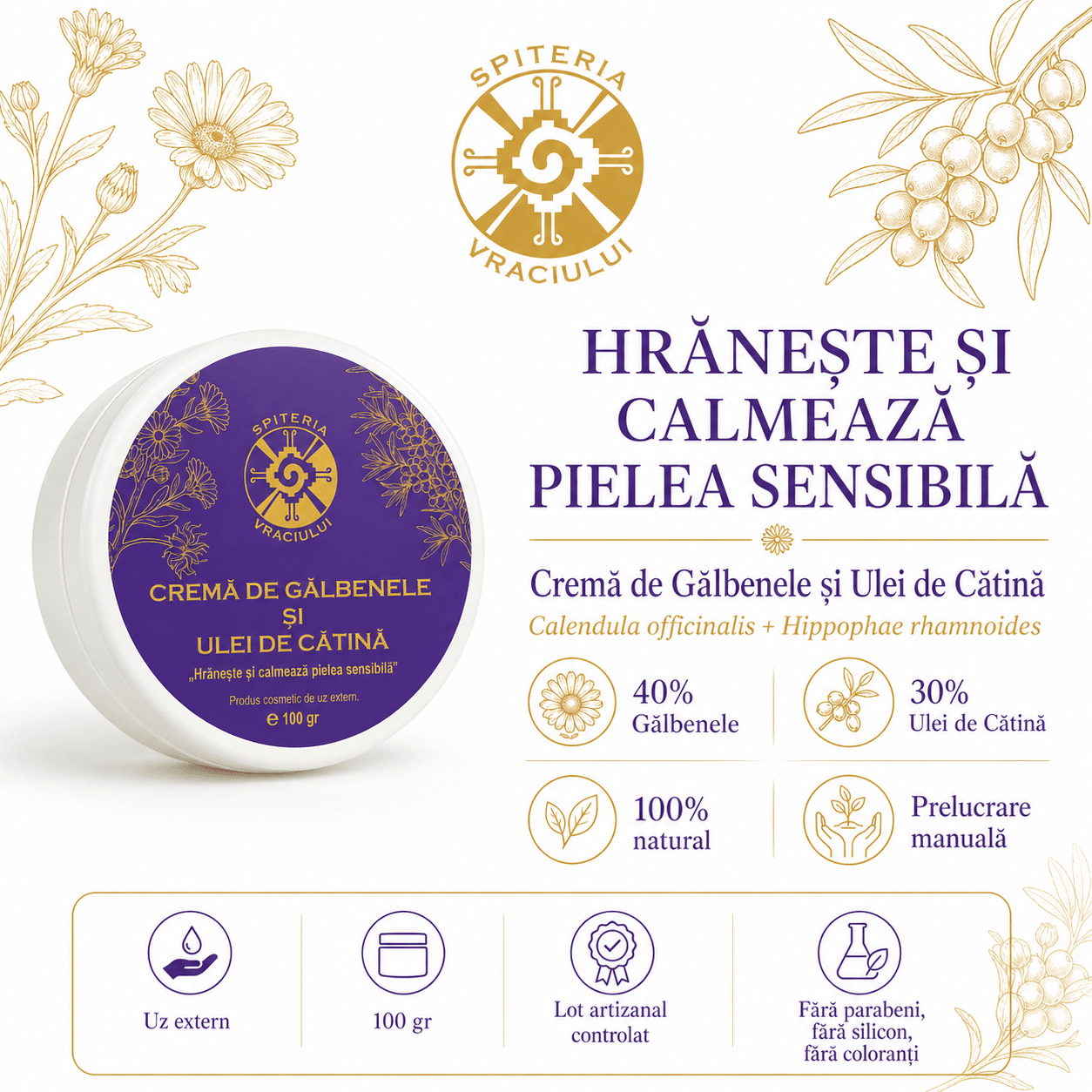Leac Bătrânesc pentru Pielea Sensibilă – Cremă de Gălbenele și Ulei de Cătină | 100g - Spiteria Vraciului