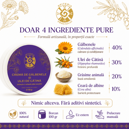 Leac Bătrânesc pentru Pielea Sensibilă – Cremă de Gălbenele și Ulei de Cătină | 100g - Spiteria Vraciului