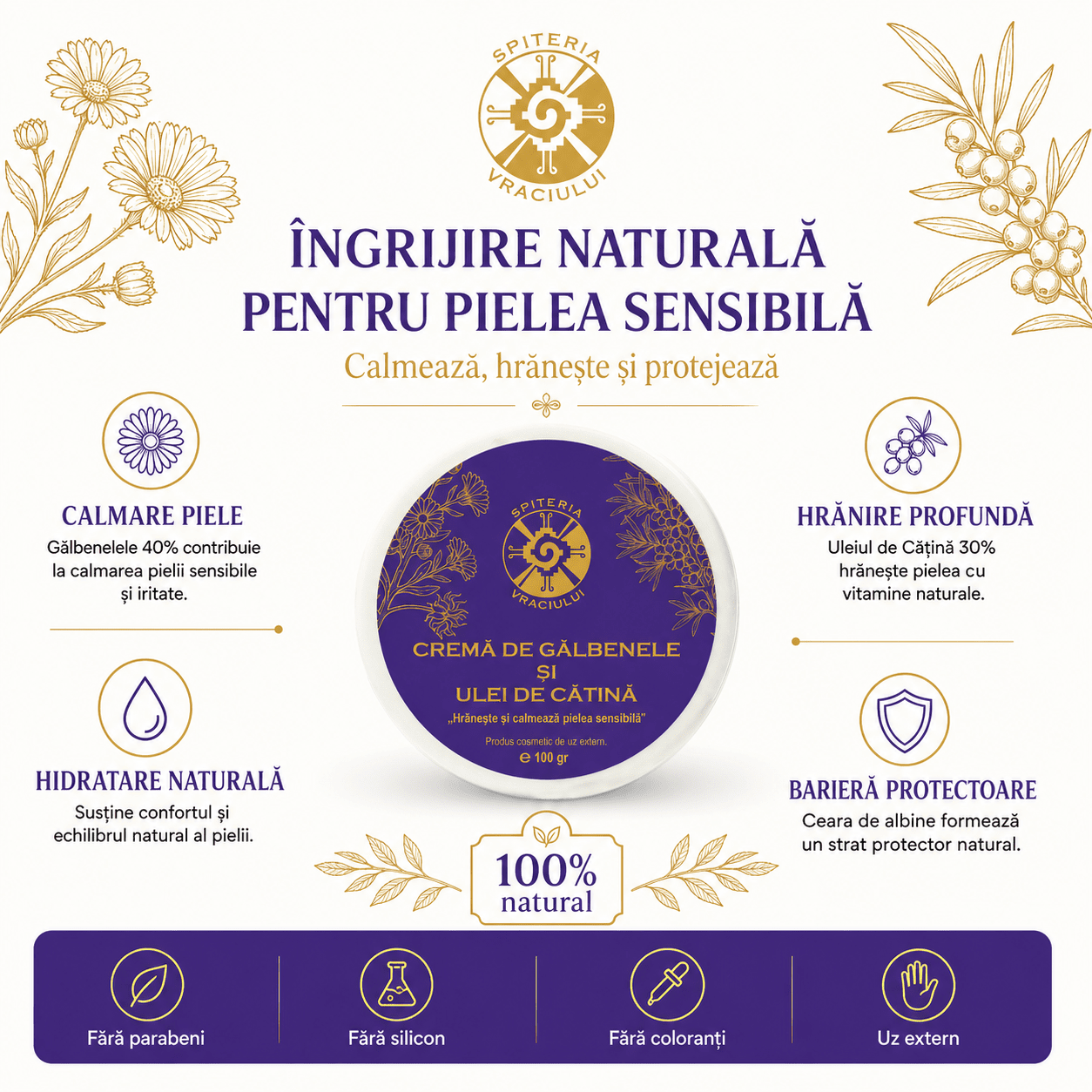 Leac Bătrânesc pentru Pielea Sensibilă – Cremă de Gălbenele și Ulei de Cătină | 100g - Spiteria Vraciului