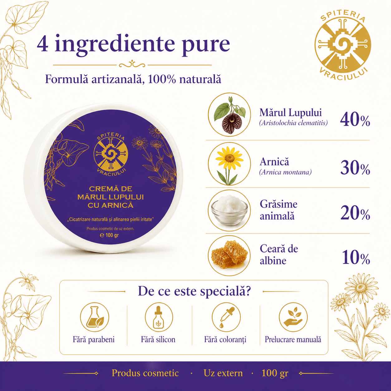 Rețeta Bătrânească cu Mărul Lupului și Arnică — Cremă Cicatrizantă Naturală 100g - Spiteria Vraciului