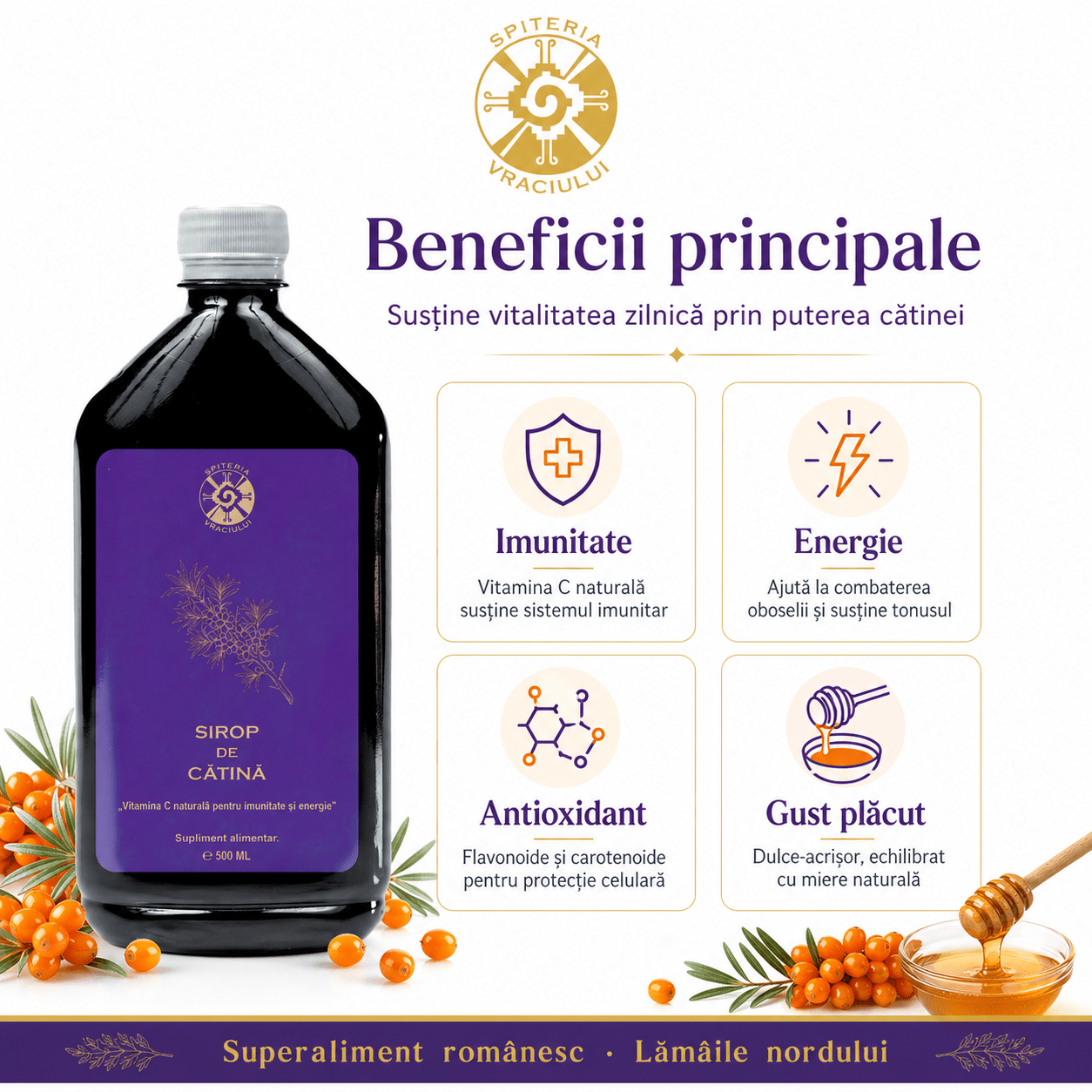 Leac Bătrânesc pentru Imunitate – Sirop de Cătină Natural | 500ml - Spiteria Vraciului