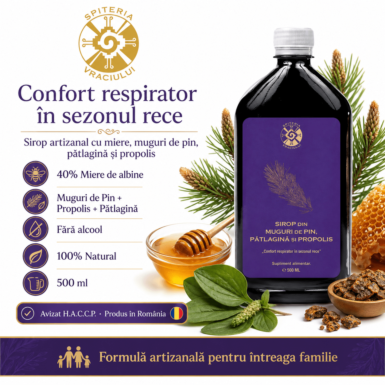 Leac Bătrânesc pentru Tuse și Bronșii – Sirop Muguri de Pin, Pătlagină și Propolis | 500ml - Spiteria Vraciului