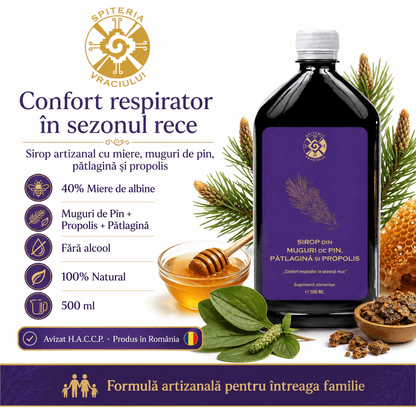 Leac Bătrânesc pentru Tuse și Bronșii – Sirop Muguri de Pin, Pătlagină și Propolis | 500ml - Spiteria Vraciului