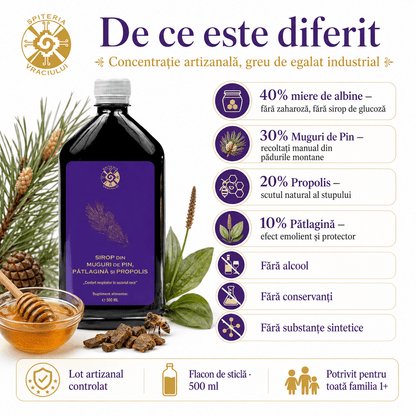 Leac Bătrânesc pentru Tuse și Bronșii – Sirop Muguri de Pin, Pătlagină și Propolis | 500ml - Spiteria Vraciului