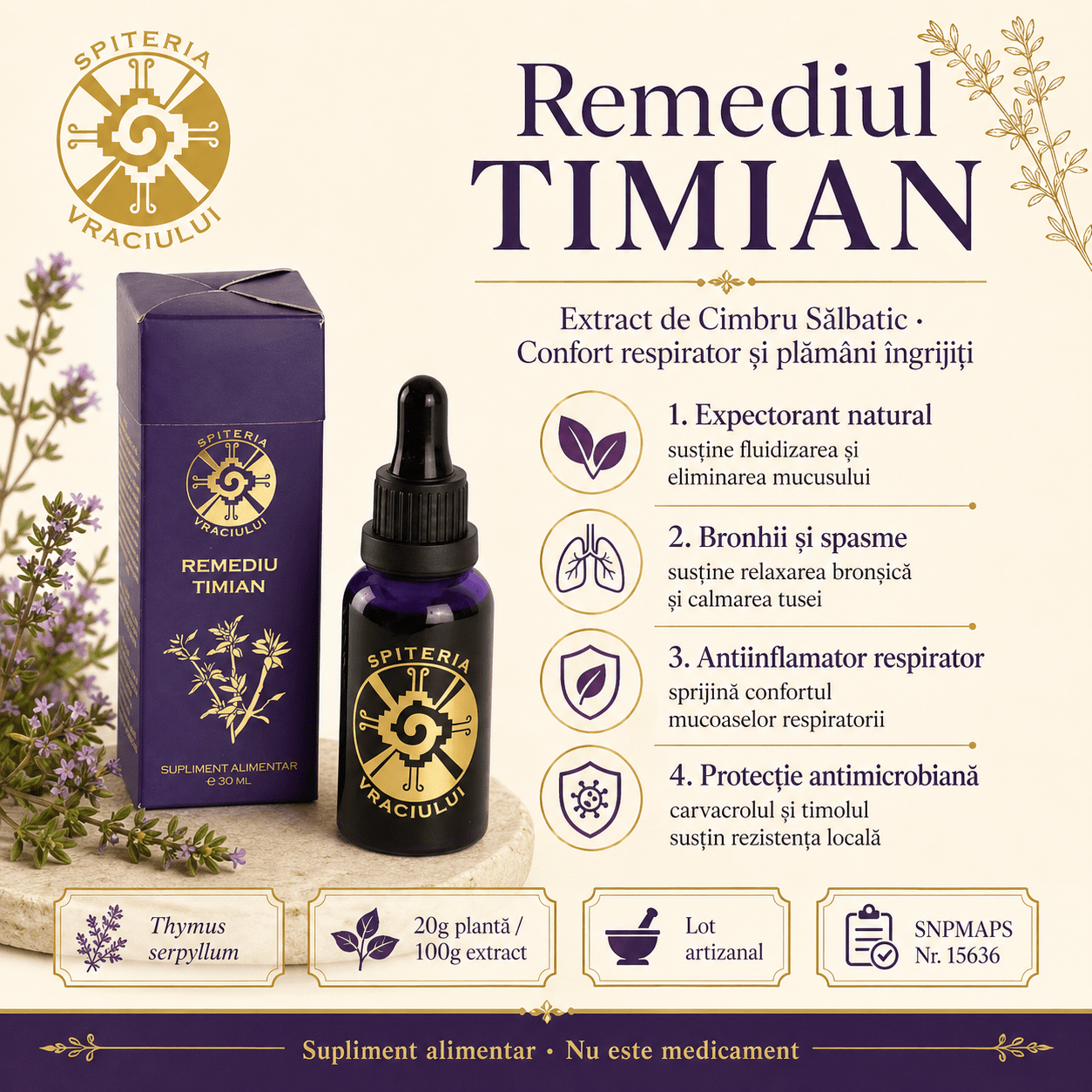 Remediu Natural Plămâni, Astm și Sechele Pulmonare – TIMIAN | 30ml - Spiteria Vraciului
