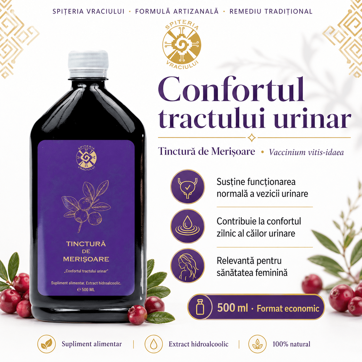Leac Bătrânesc pentru Tract Urinar – Tinctură de Merișoare | 500ml - Spiteria Vraciului
